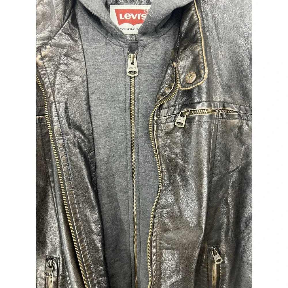 Levi's LM4RU924 Faux Leather Hooded Jacket Mens L Dark Brown Moto Bomber Bib